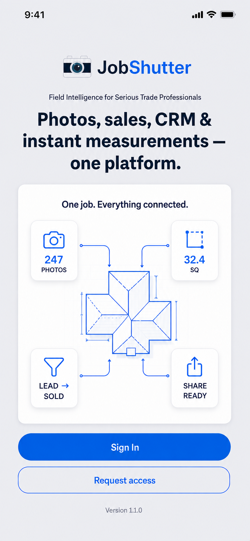 JobShutter command center connecting job photos, roof measurements, CRM status, and homeowner sharing